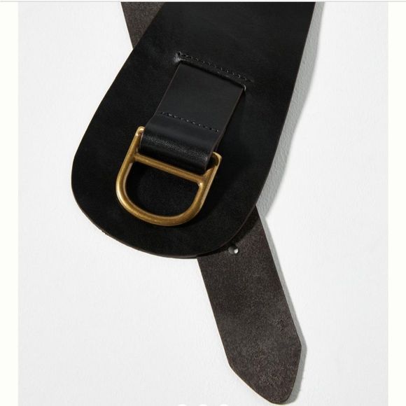 Black Leather Belt with Gold Buckle - Picture 1 of 7